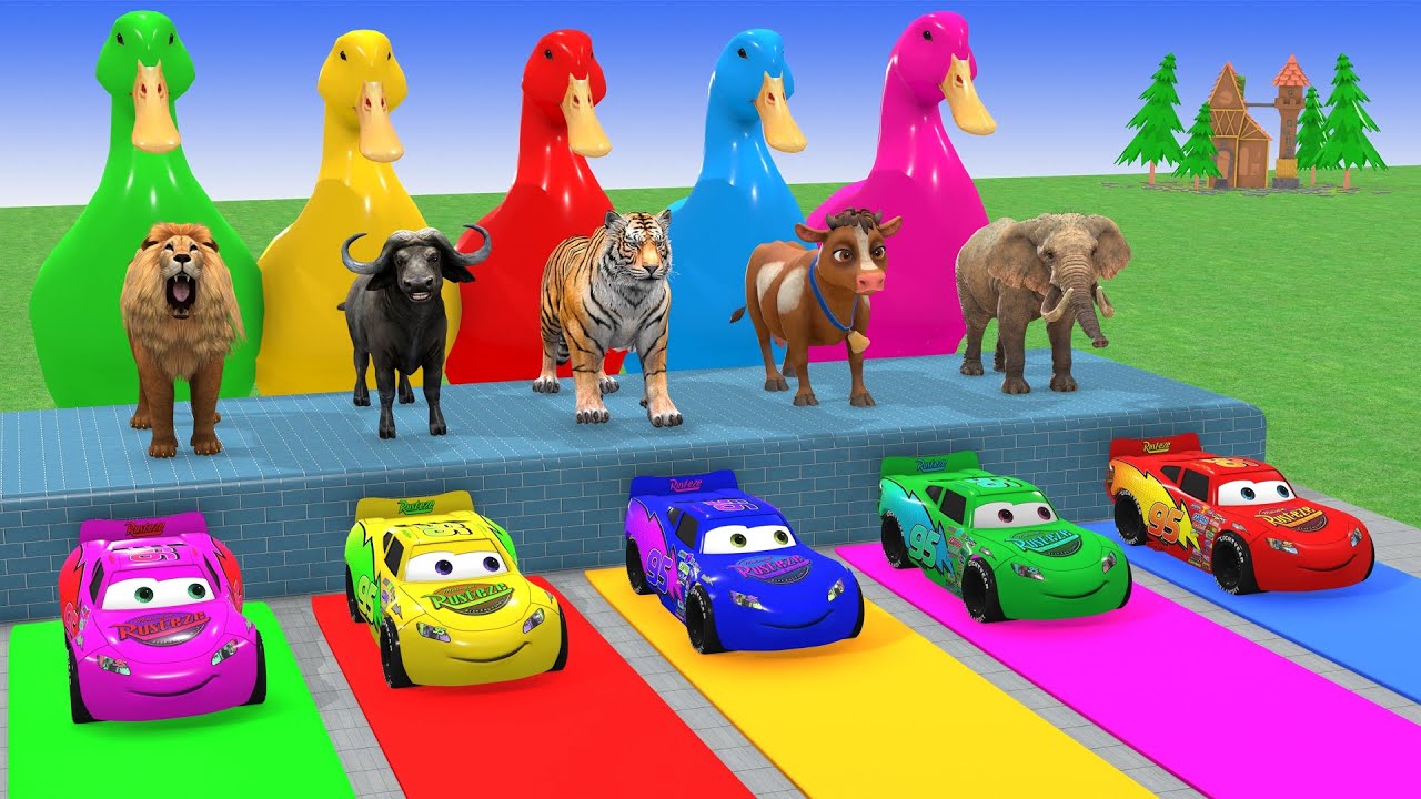 5 Giant Duck with Lion Bull Tiger Cow Elephant crossing fountain paint animals game
