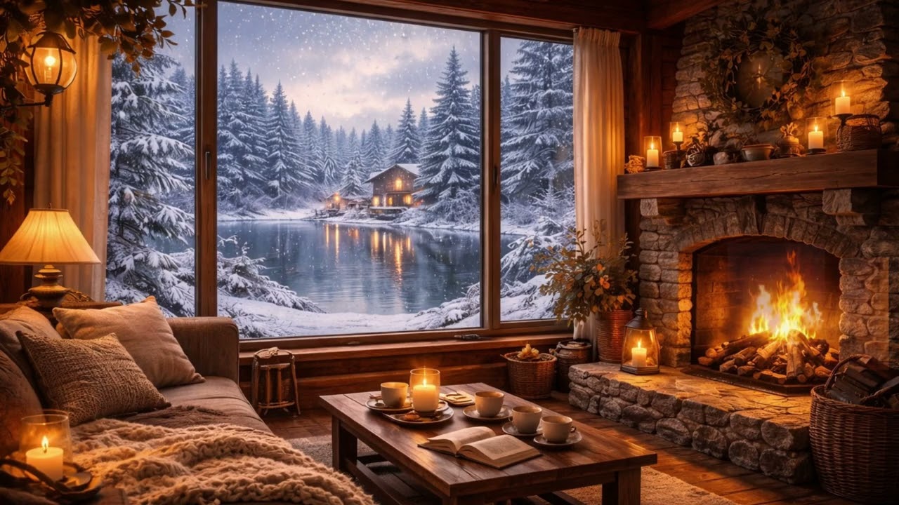 Cozy Fireplace by the Window in Switzerland Snowfall&Jazz Piano 2 Hours