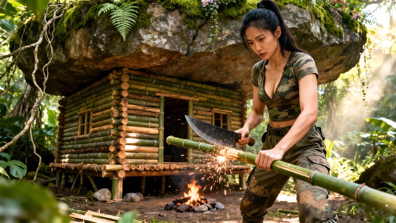 Solo Girl Builds Unique Bushcraft Cabin UNDER A GIANT ROCK - Start To Finish