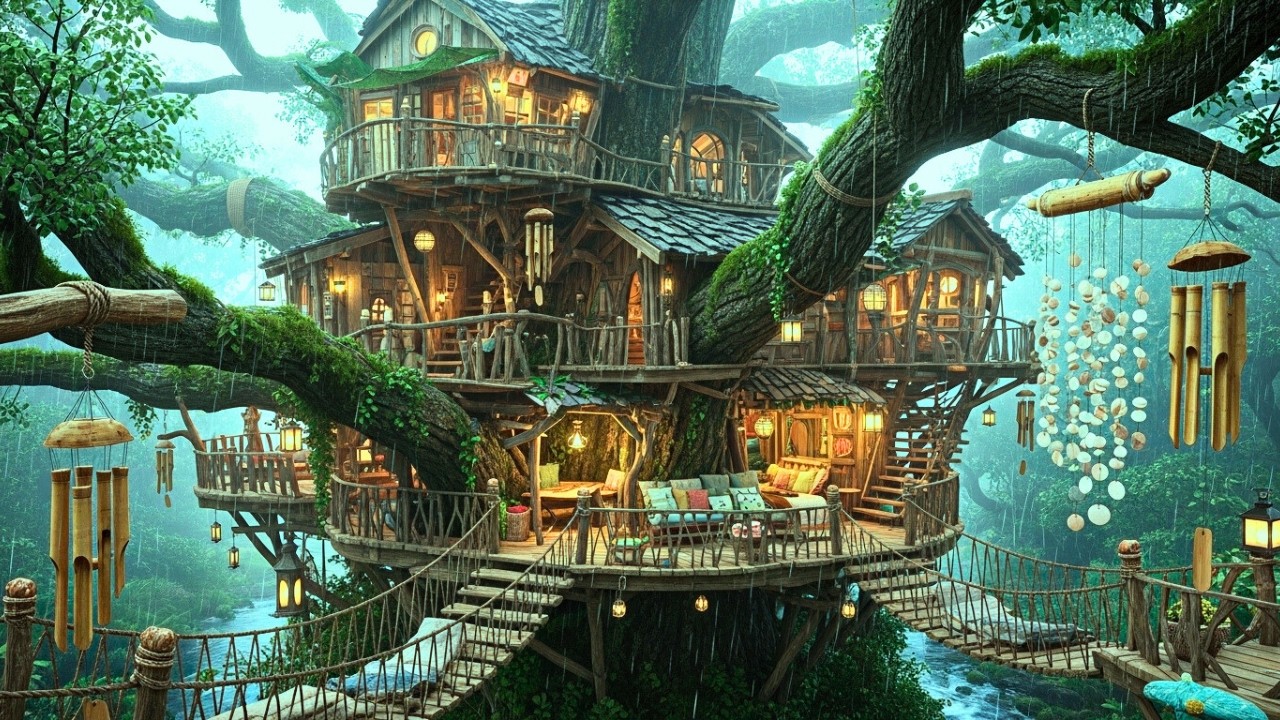 Secret Wilderness Treehouse Built on a Huge Tree  Survival ASMR