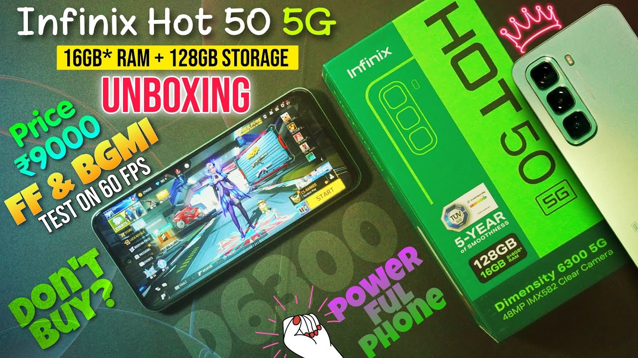 Infinix Hot 50 5G unboxing & Free Fire test || Gaming phone🔥 16GB*/128GB😍 ₹8,999 only...