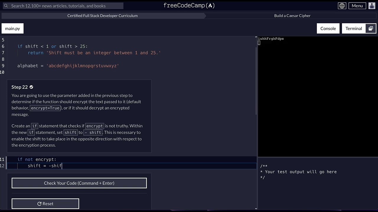 FreeCodeCamp - Python Project - Step 22 of 25 - Caesar Cipher