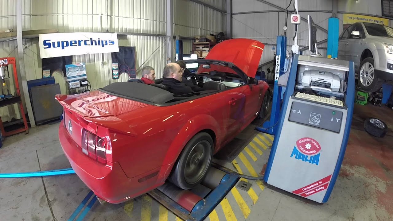 Supercharged V8 Mustang on the rolling road at Falkland Performance Centre