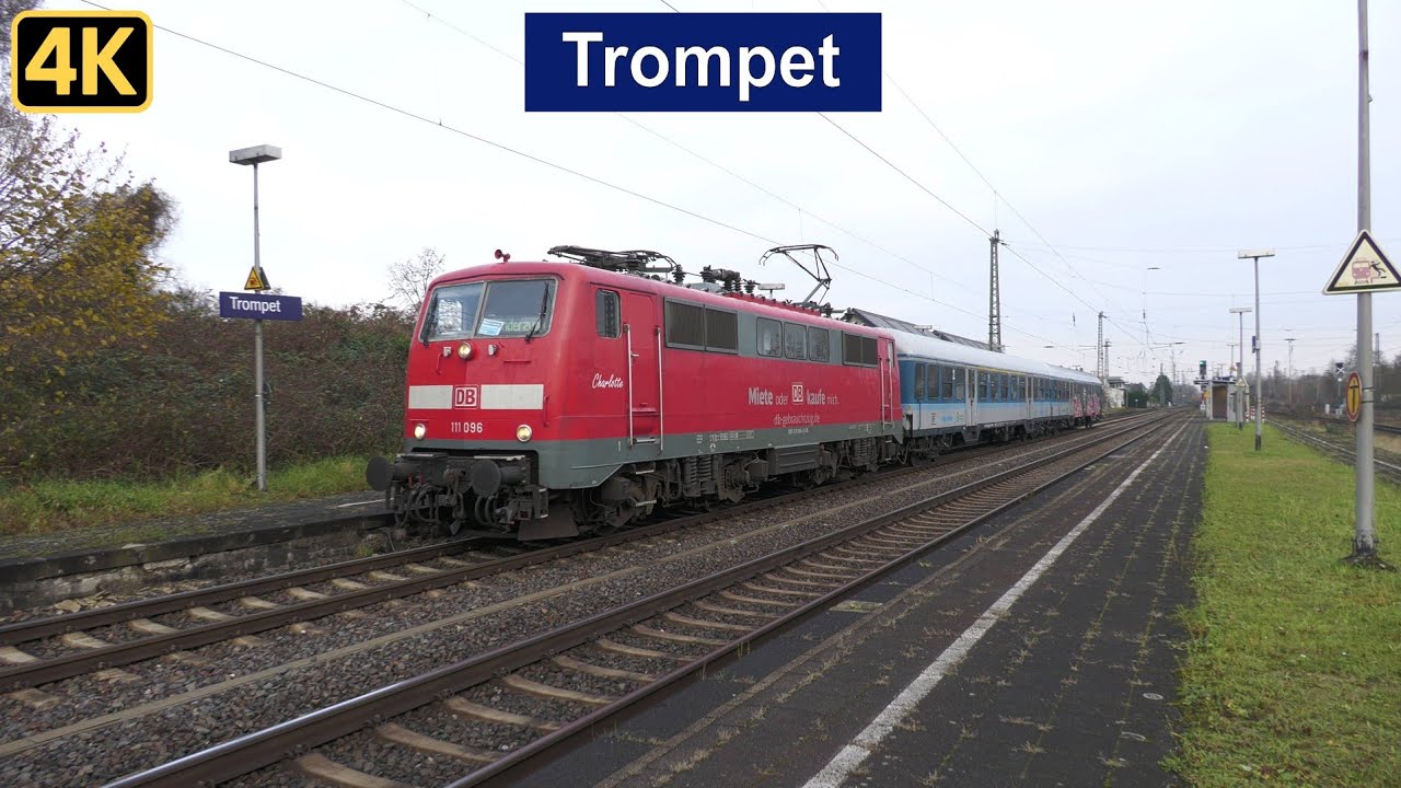 Bahnverkehr in Trompet mit RB31 Ersatzzug (Br 111 + n-Wagen), Class 66, LINT 41 und Güterzügen