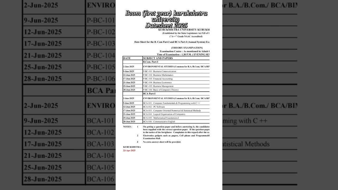 bcom first year (kurukshetra university) datesheet 2025