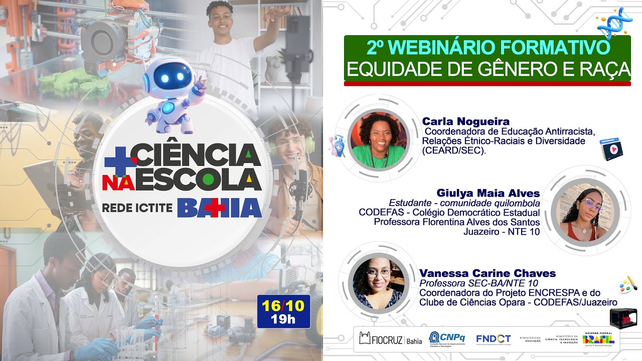 2º webinário formativo do Mais Ciência na Escola Bahia: Equidade de gênero e raça