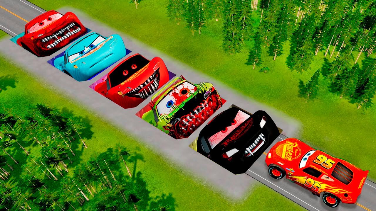 Mega pits with McQueen and Friends Mcqueen Vs Big & Small Lightning McQueen! BeamNG Drive Battle!