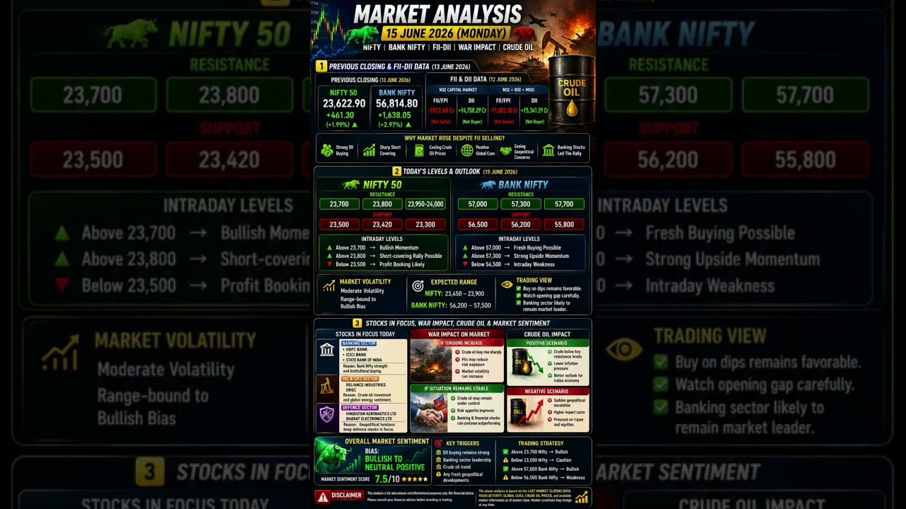 📊 Market Analysis Today | Nifty 23622 Close | FII DII Data | Stocks in Focus | 15 June 2026