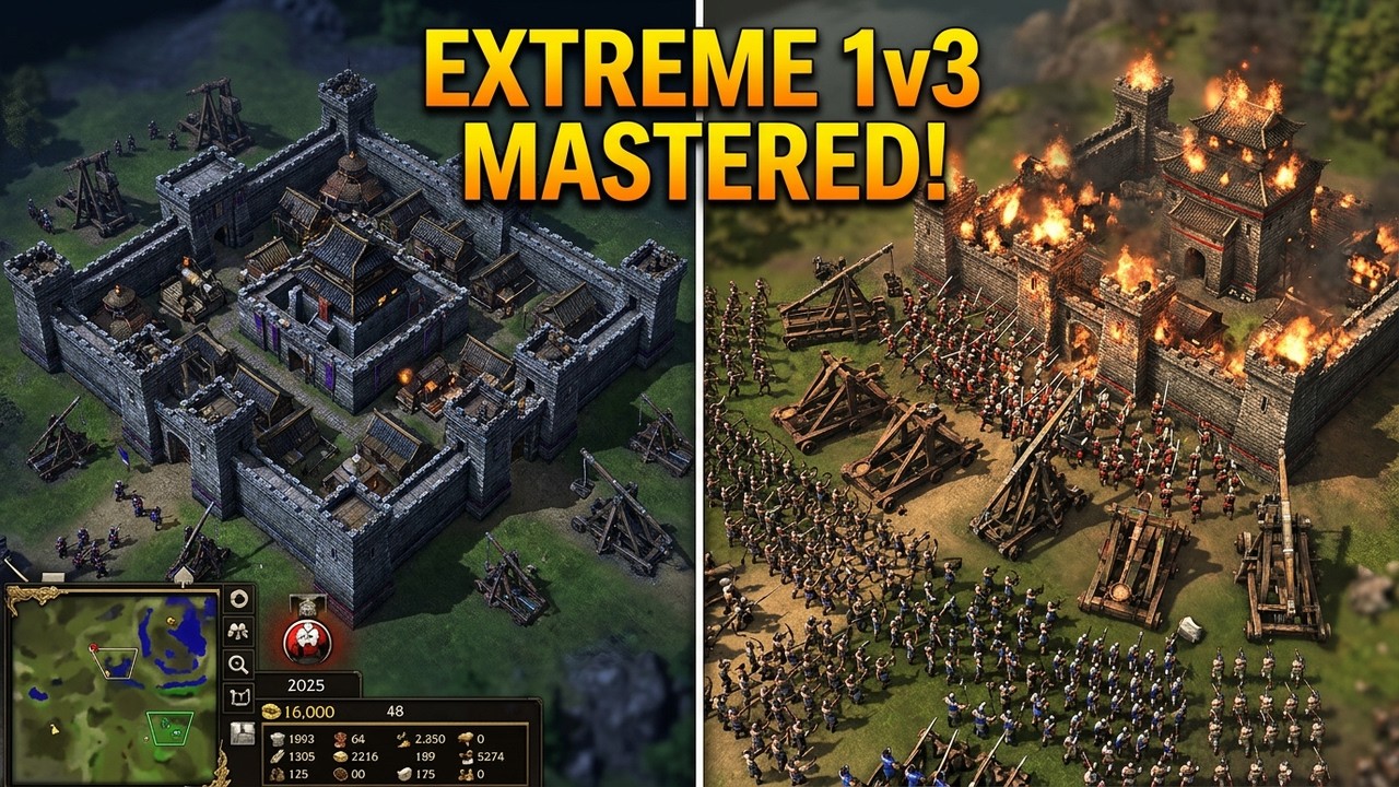 Stronghold Warlords - 1 vs 3 [Extreme AI] - Mastering Offense & Defense