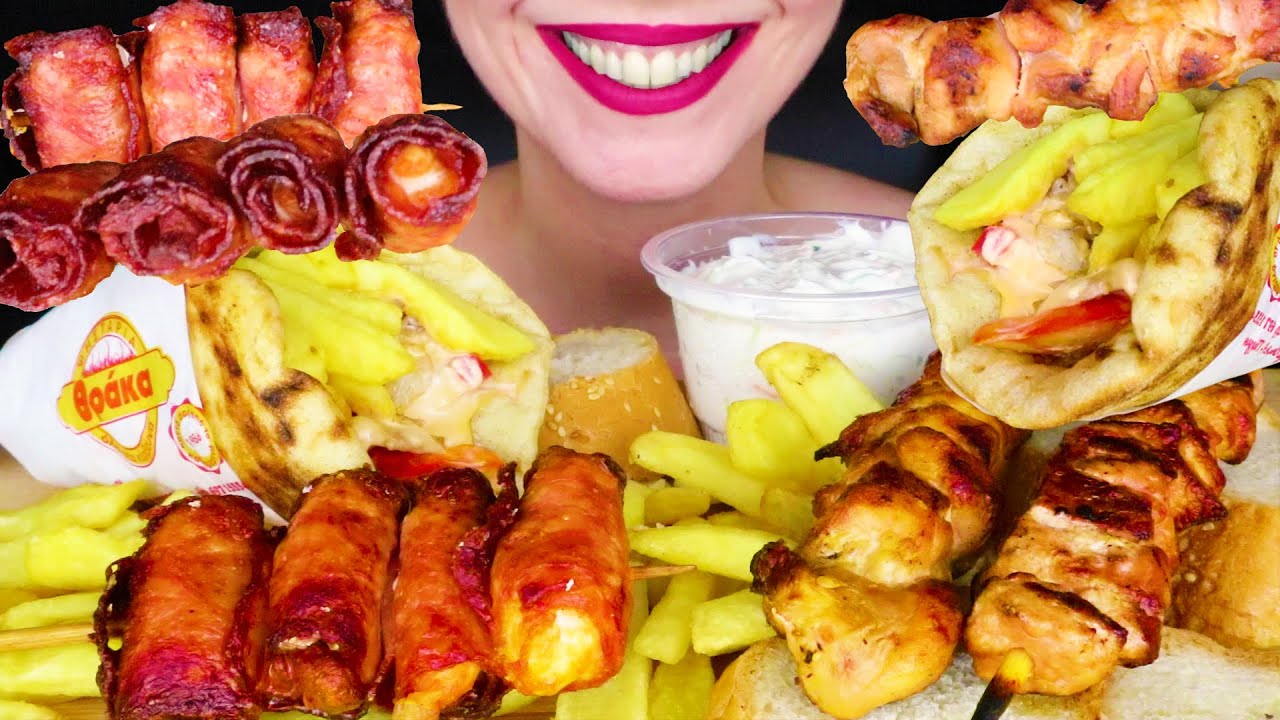 GREEK STREET FOOD 🥙 | PITA GYRO, CHICKEN BACON & SOUVLAKI | ASMR Mukbang | Real Eating Sounds