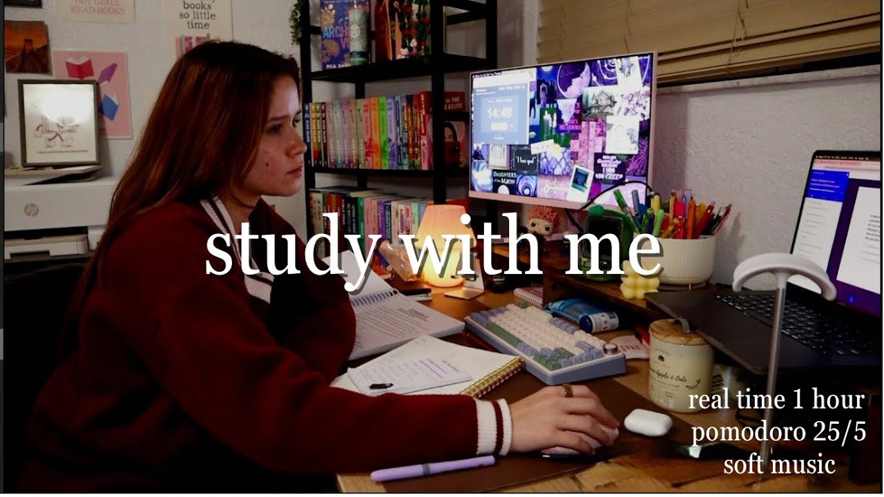 1 HOUR real time study with me 🎀📚 | pomodoro 25/5, soft music