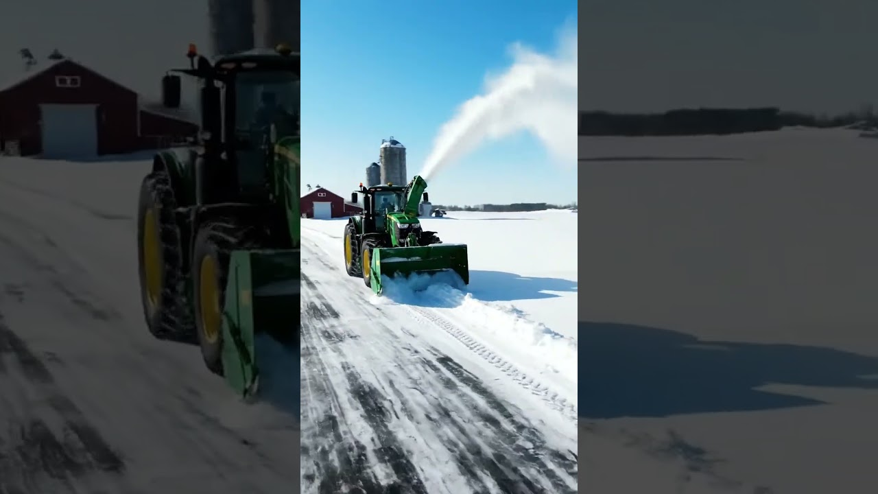 A large tractor pulling a heavy snow removal attachment across farmlands.