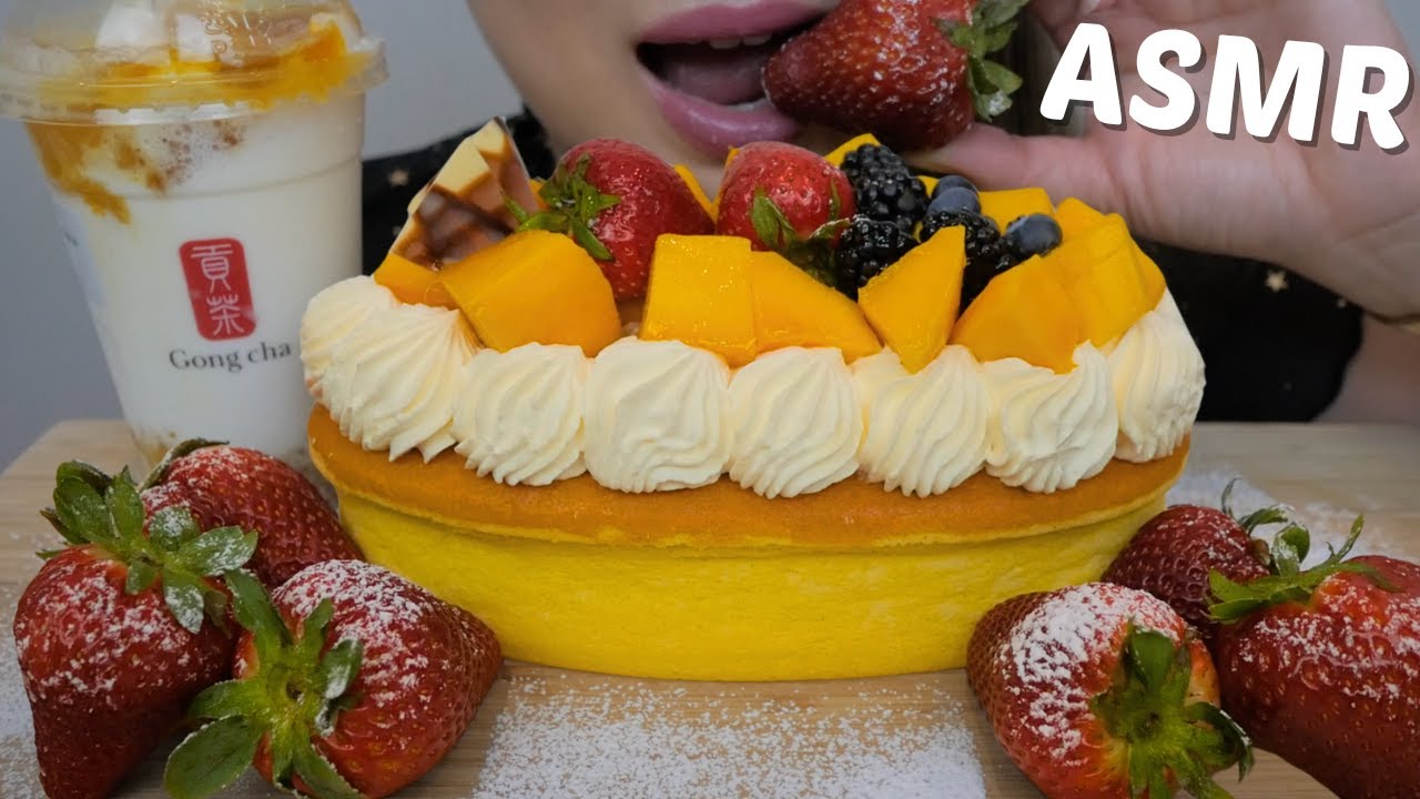 Japanese Mango Cheesecake with FRESH Fruits and GONG CHA Smoothie *NO Talking Eating Sounds | N.E