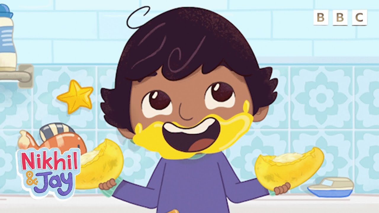 Jay Has a Messiest Mango Eating Challenge With Amma | Nikhil & Jay Kids Cartoon on BBC iPlayer