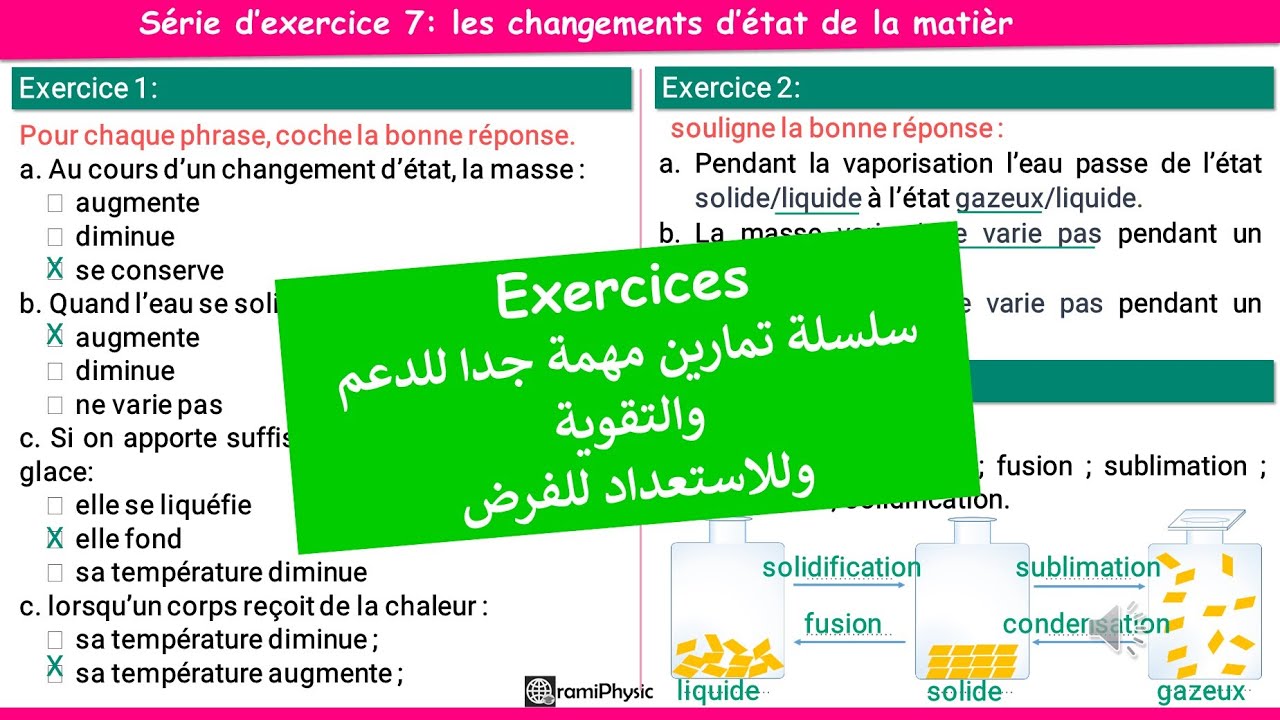 les changements d'états de la matière 1ac série d'exercices