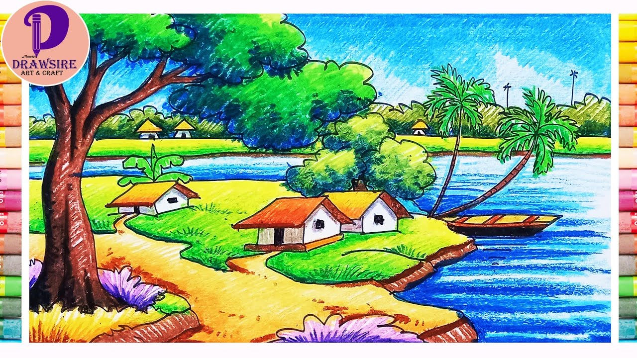 Beautiful Village Scenery Painting _ Nature Drawing Painting _ Realistic Scenery Drawing