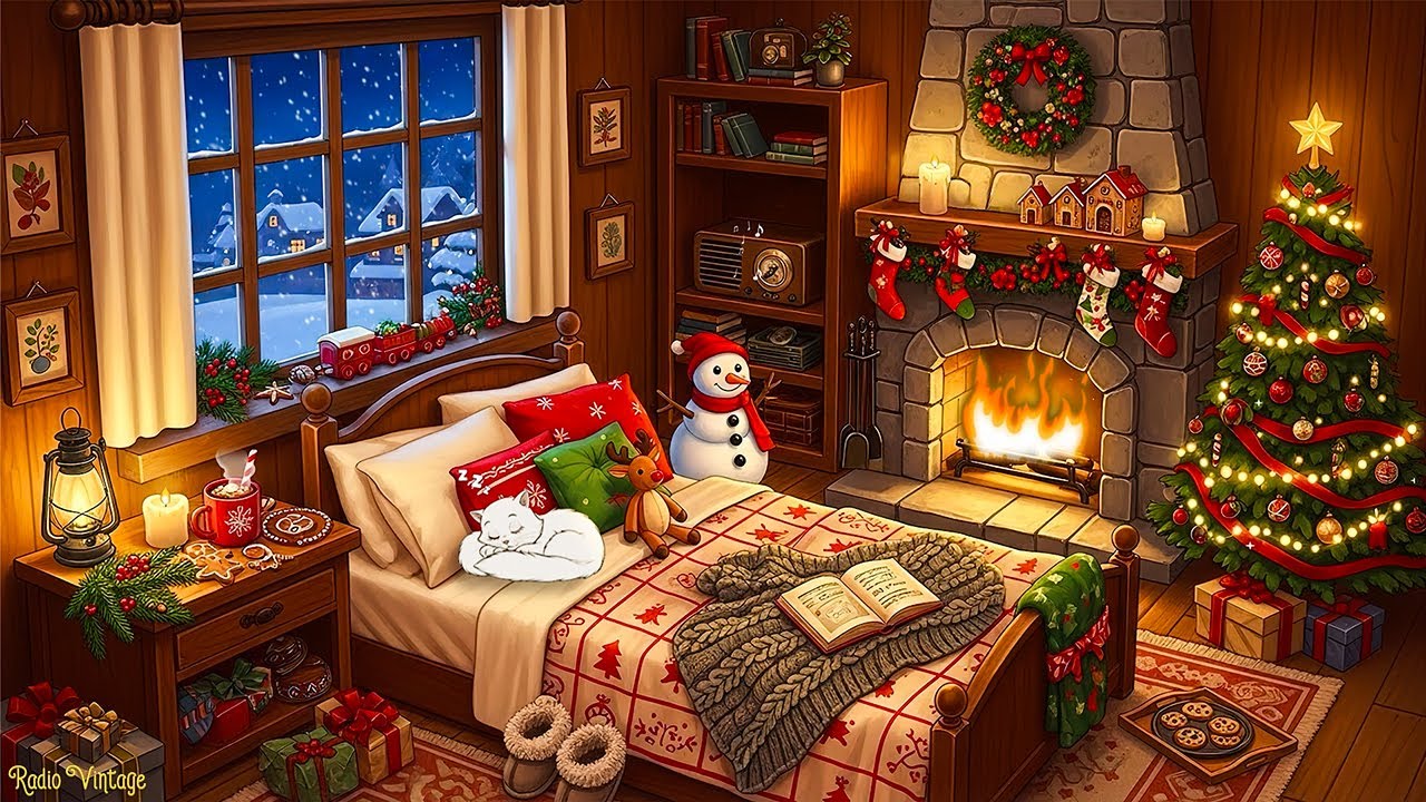 🔥warm christmas fireplace ambience🎄cozy crackling fire & 1940s vintage oldies music for sleep, relax