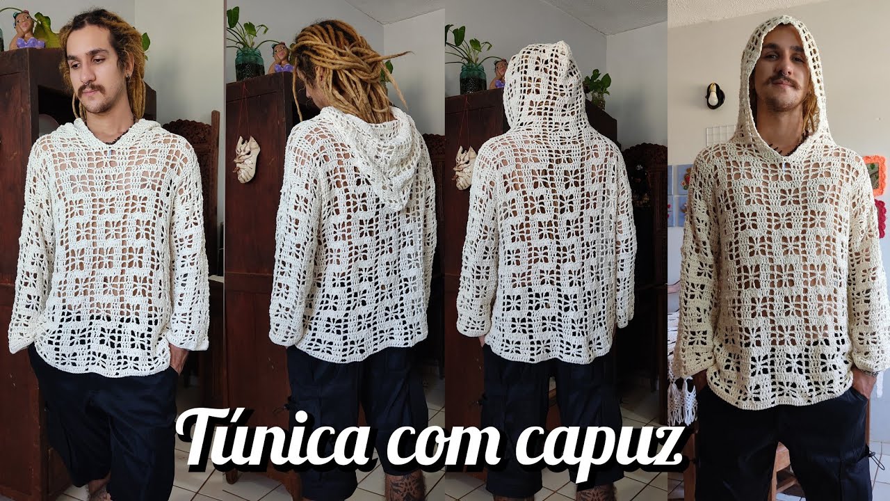 CAMISA MASCULINA TÚNICA COM CAPUZ #marcialobocroche #crochet