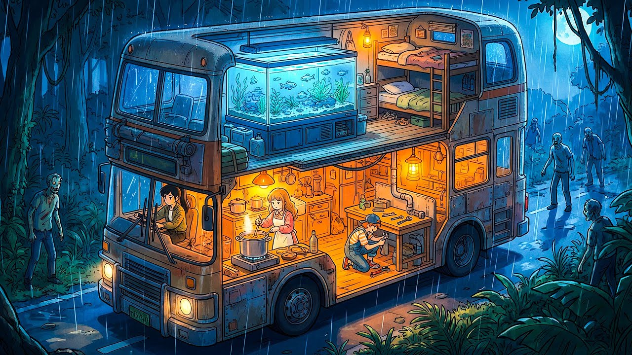 A Rainy Night in Our Double-Decker Bus: Neon Fish & Safety | Ghibli-Style Video