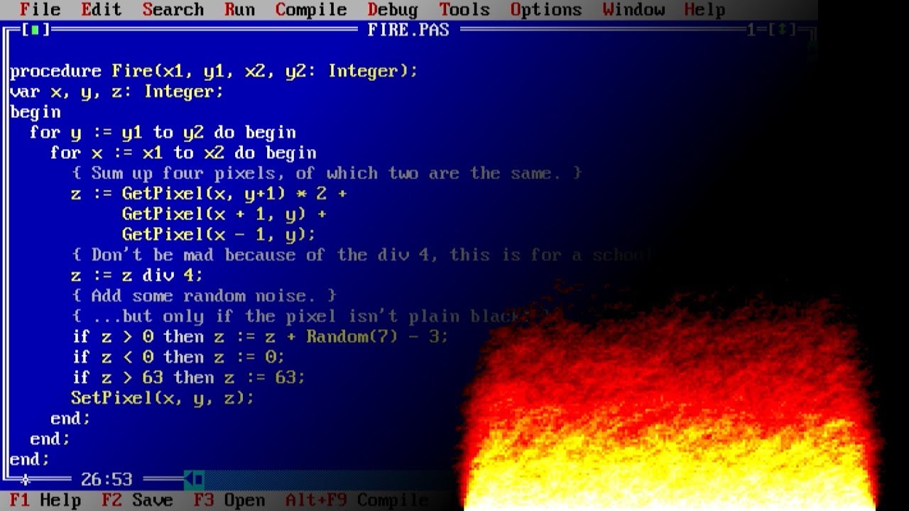 Old school VGA fire animation using Turbo Pascal / DOSBox