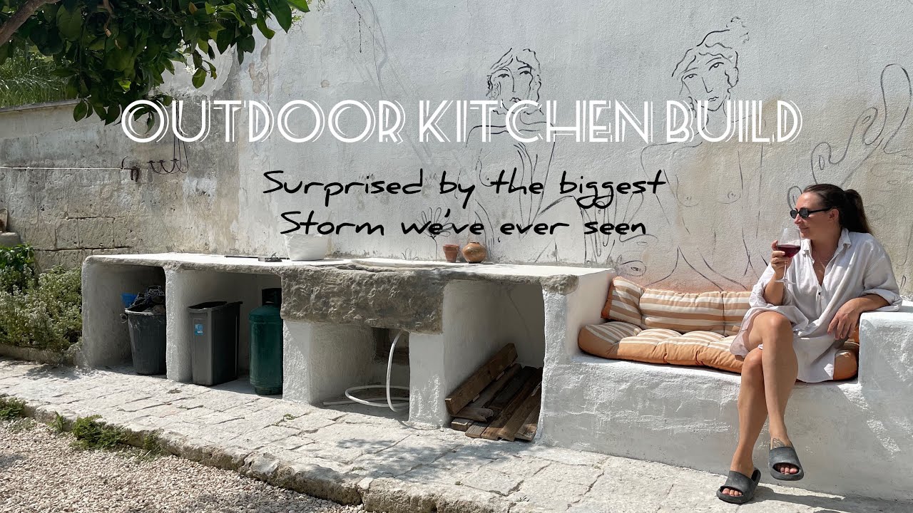 Outdoor kitchen build continues/ caught in a HUGE storm/ preparing our little swimming tub 🥵