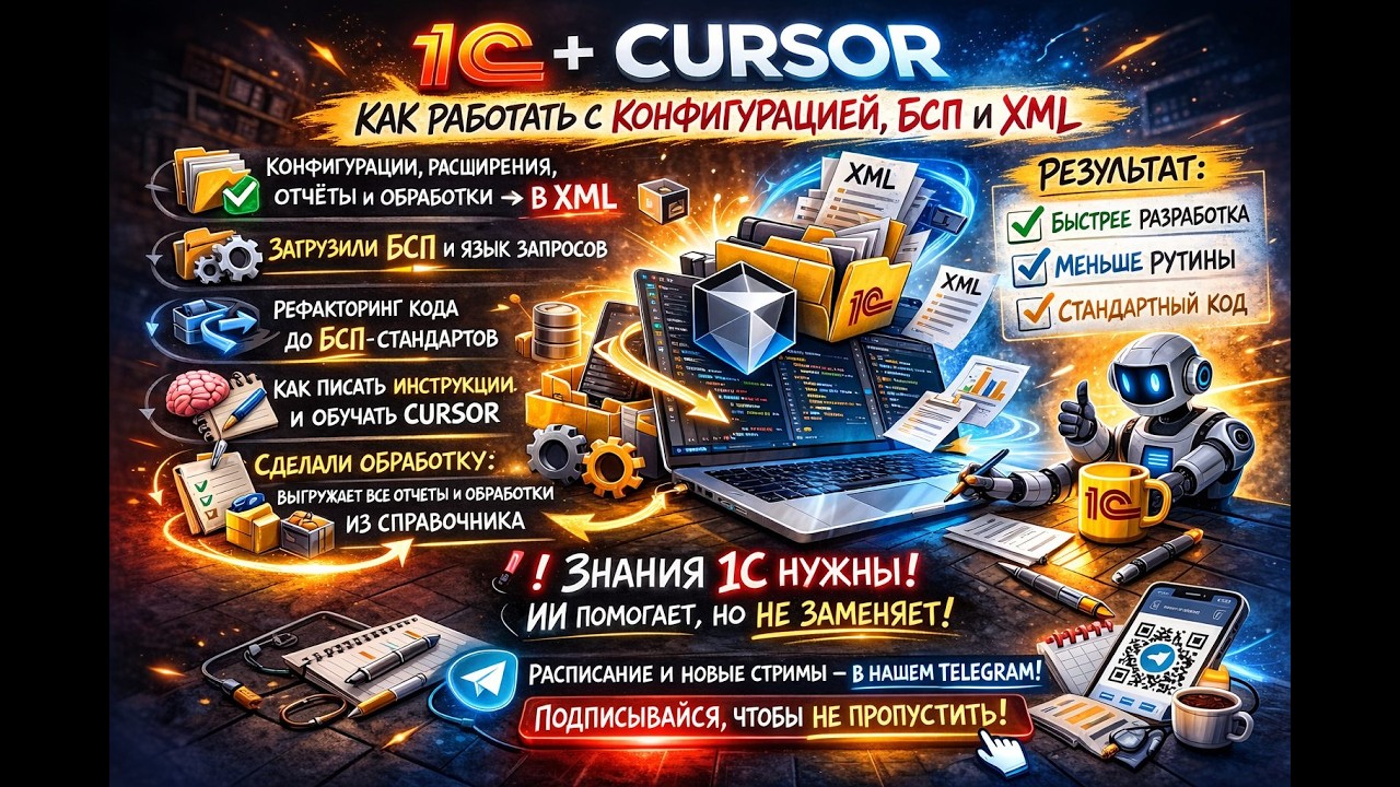 Не будь прокладкой между 1С и ИИ (Cursor): как работать с конфигурацией, БСП и XML | Практика с нуля