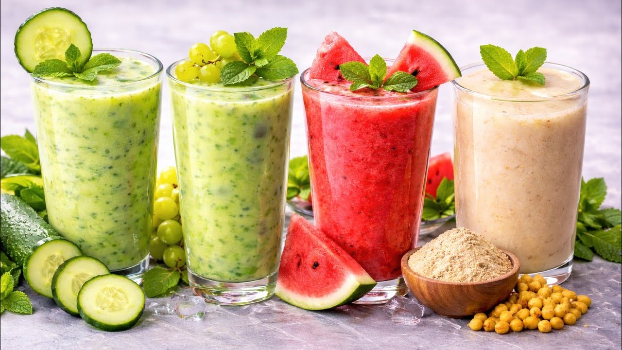 4 Refreshing Summer Drinks 💚 | Cucumber, Grapes, Watermelon & Sattu Drink Recipe #summerdrink 