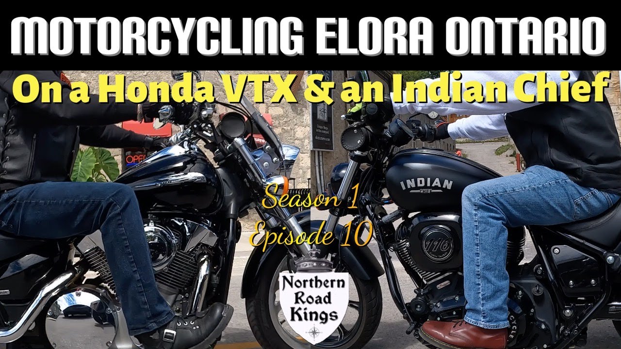 Motorcycle Riding a Honda VTX and an Indian Chief through Elora, Ontario, Canada.