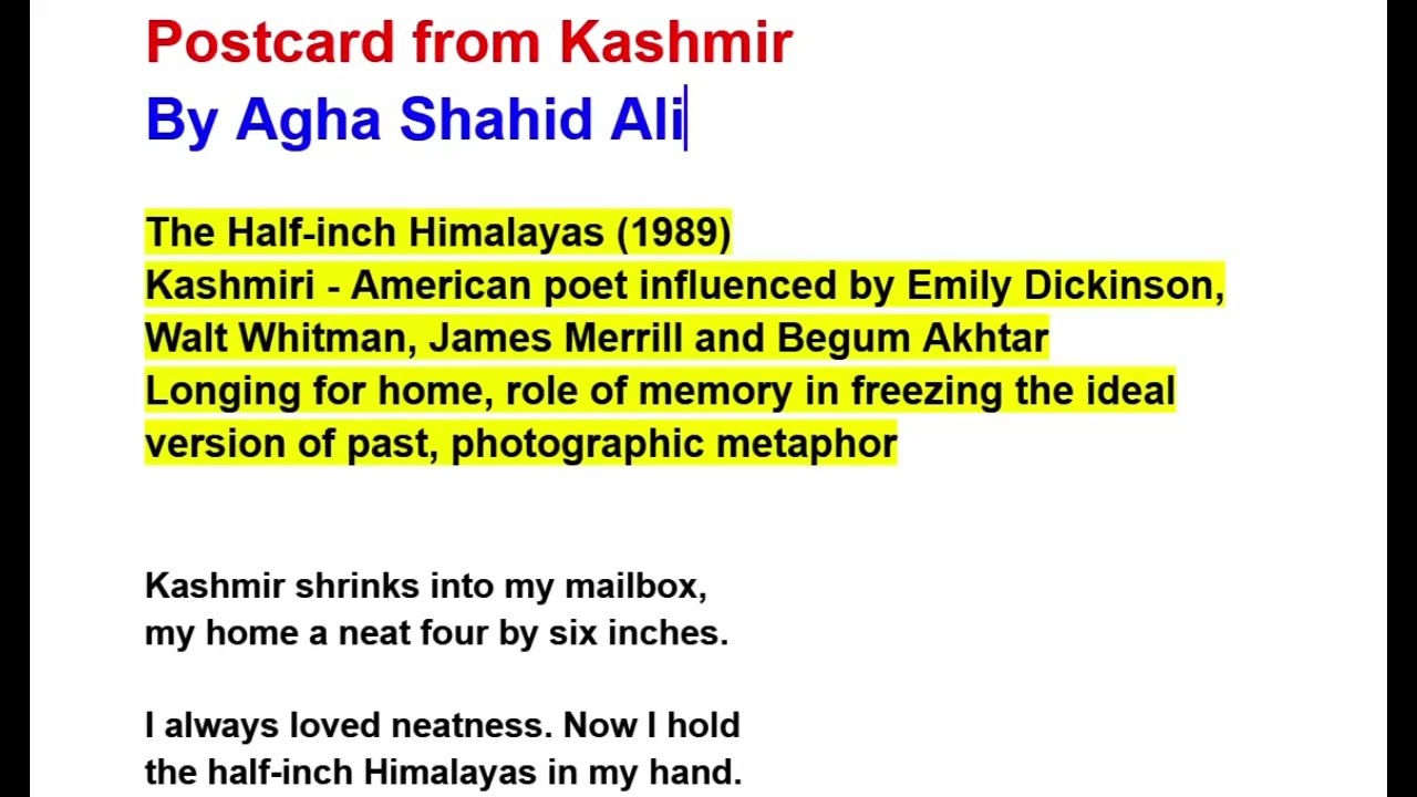 Postcard from Kashmir by Agha Shahid Ali Line by Line Hindi Explanation