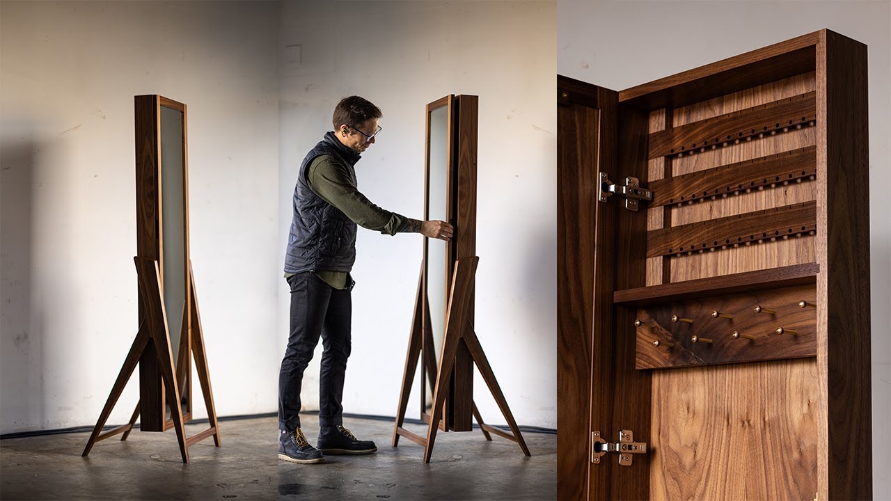 The Sayre Mid-Century Modern Jewelry Armoire | Standing Mirror |  Small Business Woodworking