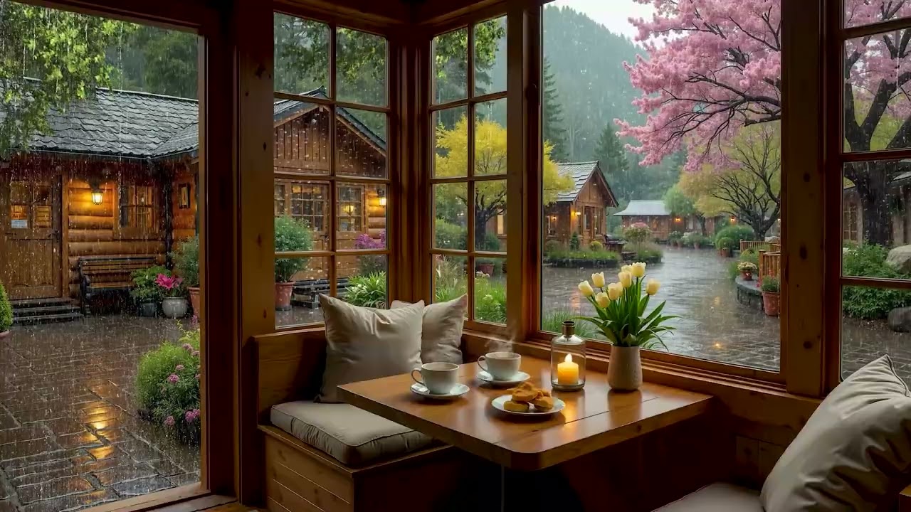 Прекрасная дождливая весенняя атмосфера ~ Нежная джазовая фортепианная музыка и успокаивающий дождь