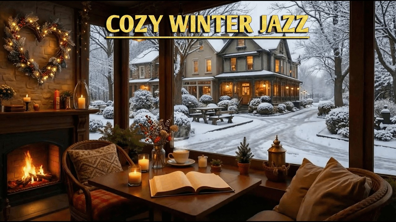 Cozy Winter Jazz ☕ Warm Fireplace & Gentle Snowfall | Relax, Work, Study
