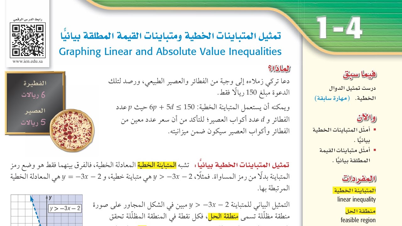 رياضيات ٢-١ شرح درس (تمثيل المتباينات الخطيه ومتباينات القيمة المطلقه بيانياً)