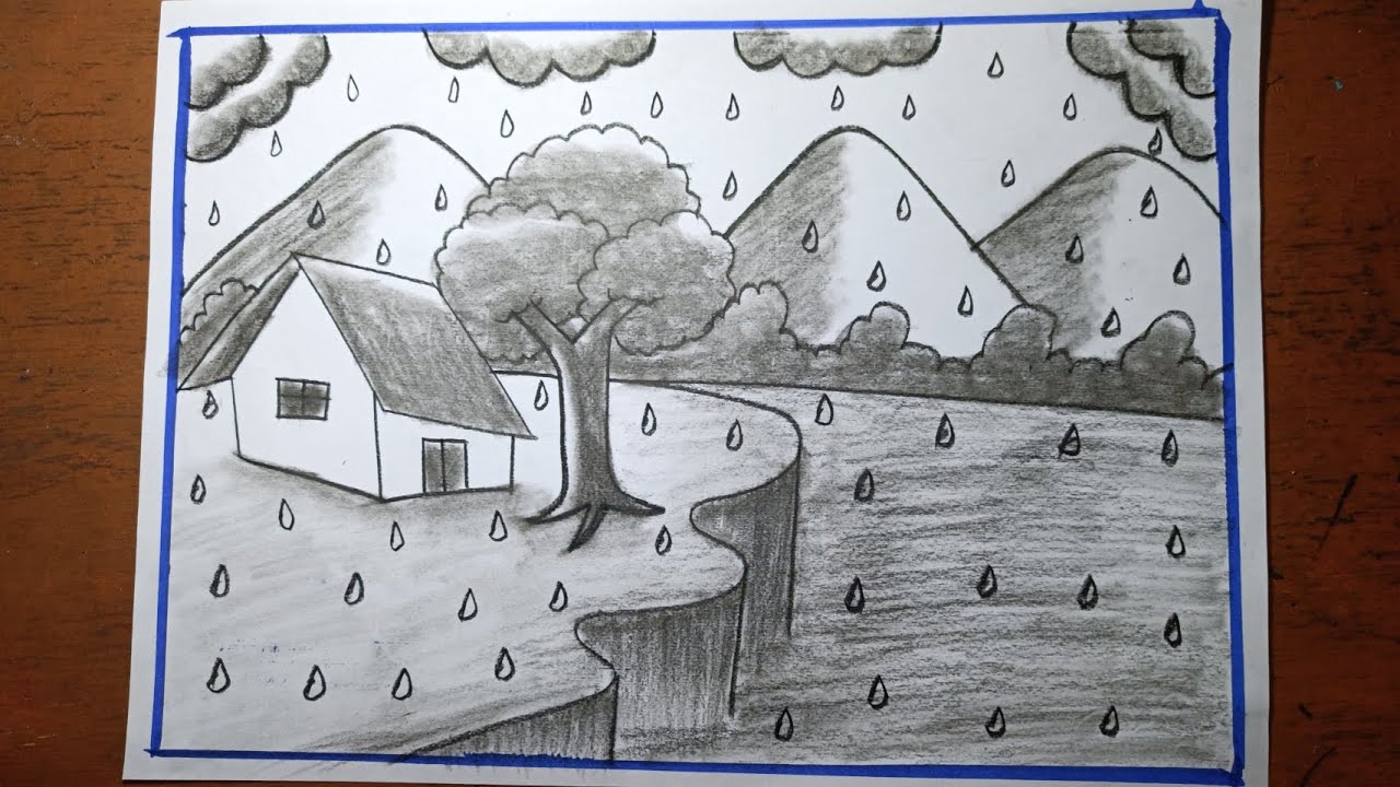 Rainy season drawing pencil sketch/Rainy season drawing easy and beautiful/Kids drawing rainy season