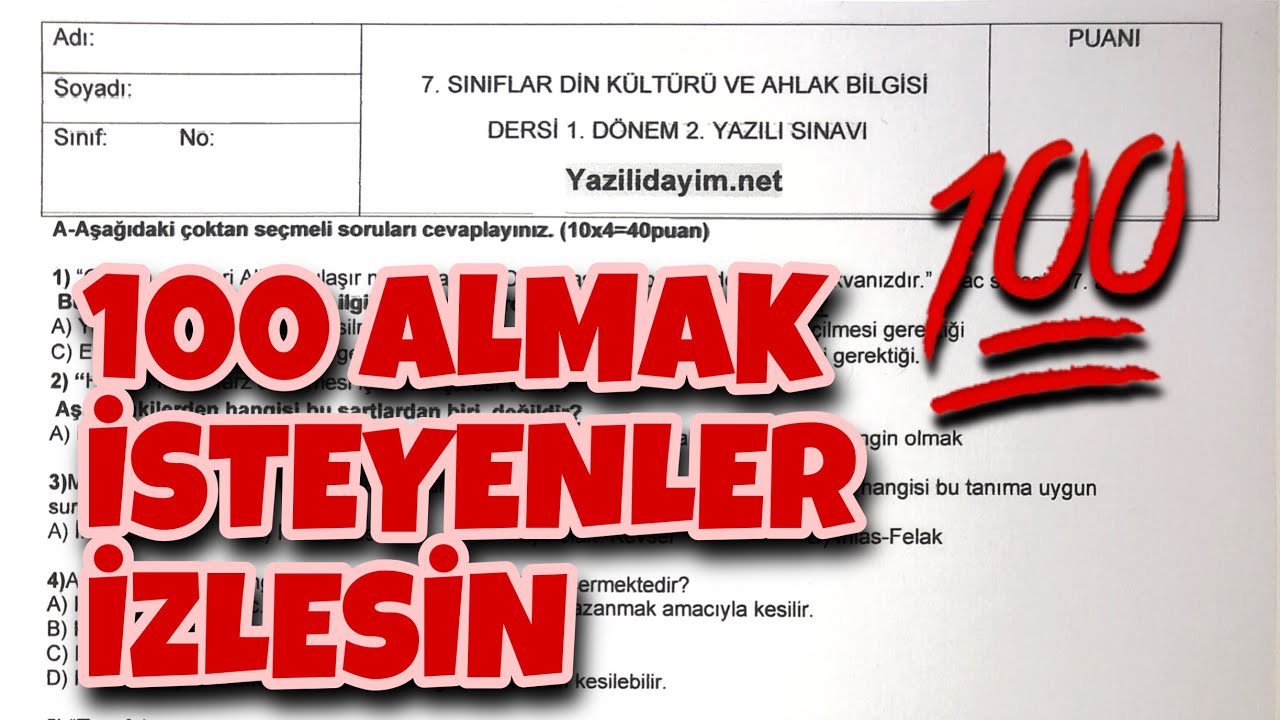 7.Sınıf Din Kültürü 1.Dönem 2.Yazılı