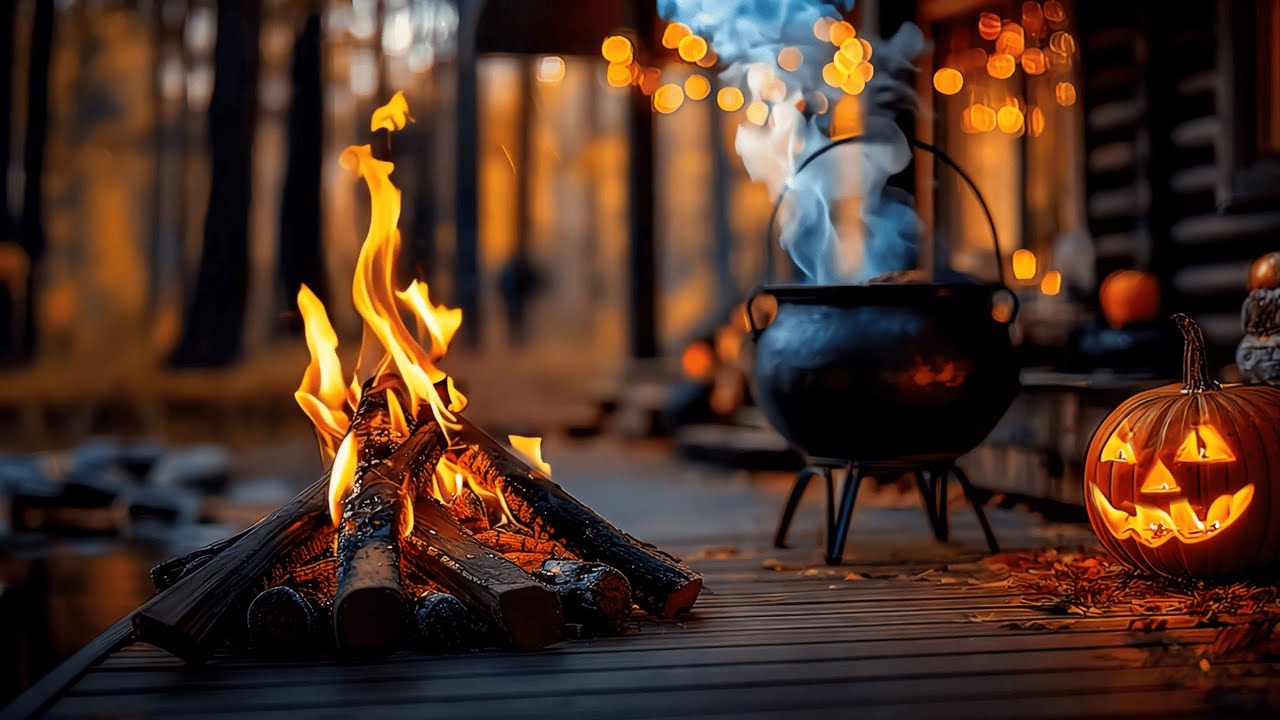 Halloween Night by the Forest Cabin Fire With Cozy Crackling ASMR for Relaxation