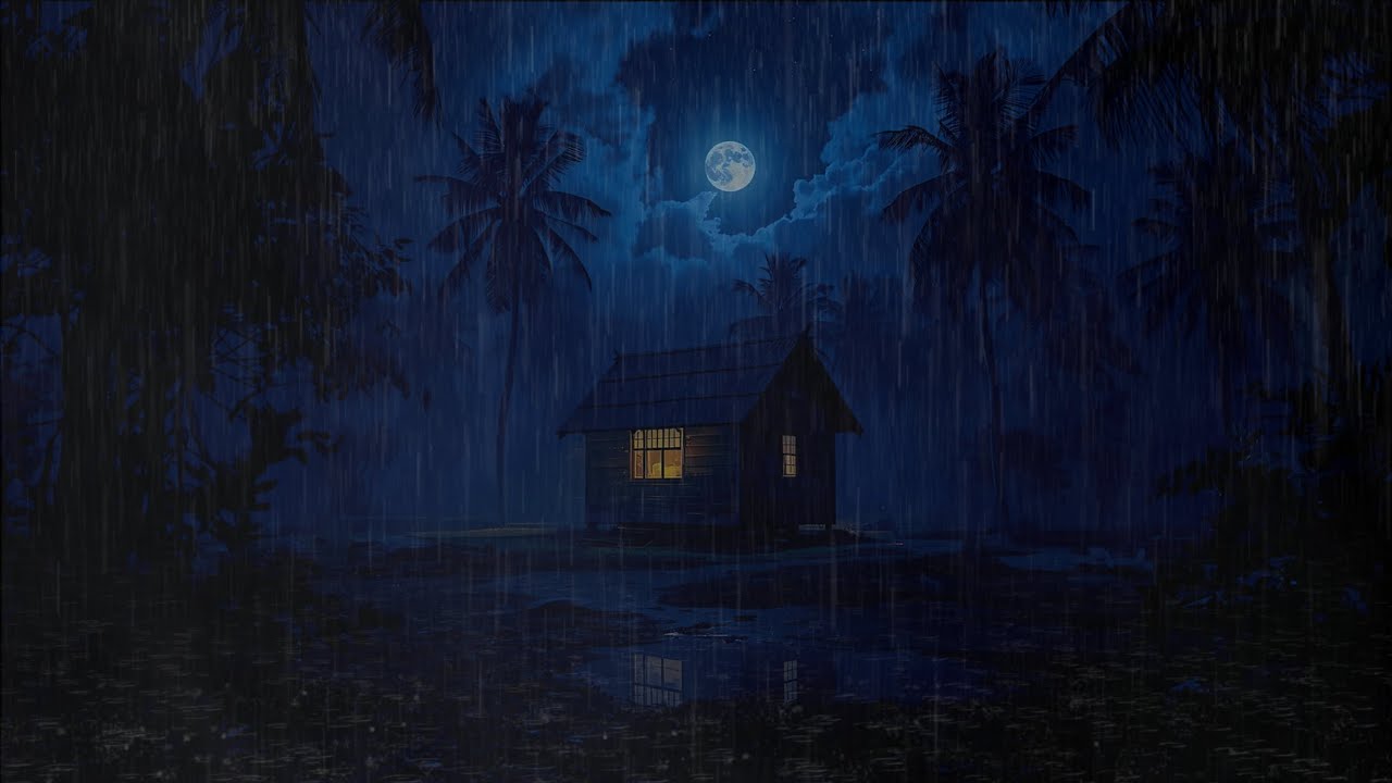 Tropical Rain Night with Full Moon | Cozy Cabin Ambience for Sleeping