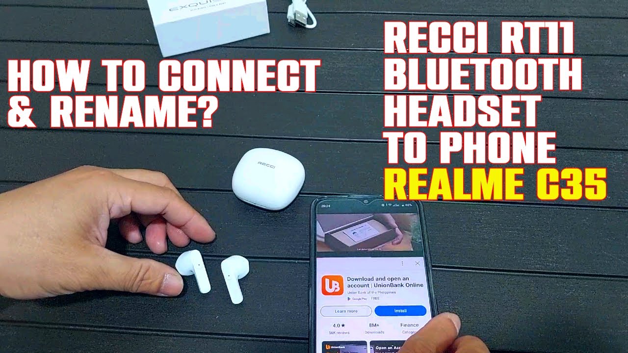 How to connect and rename RECCI RT11 bluetooth headset with REALME C35 cellphone