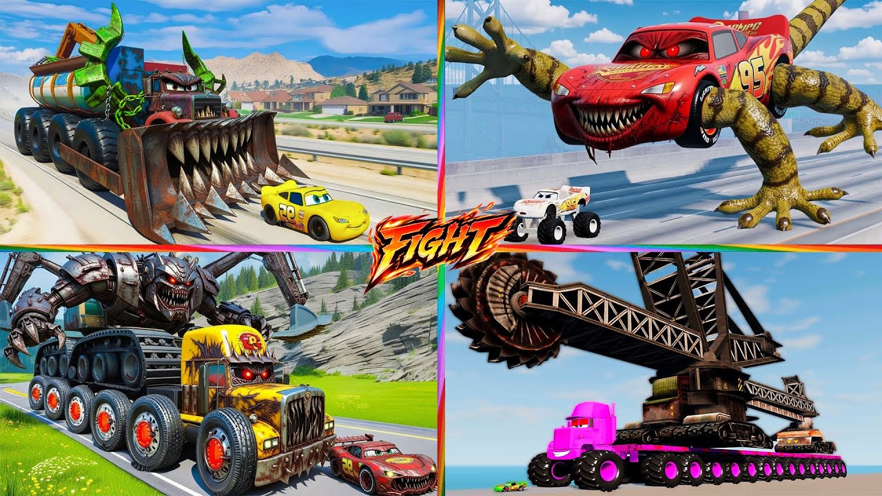 Monster Trucks vs Lightning McQueen! 🏎️ Who will win this scary race? 😱💥Tiles Hop EDM Rush 🎶 / TIELS