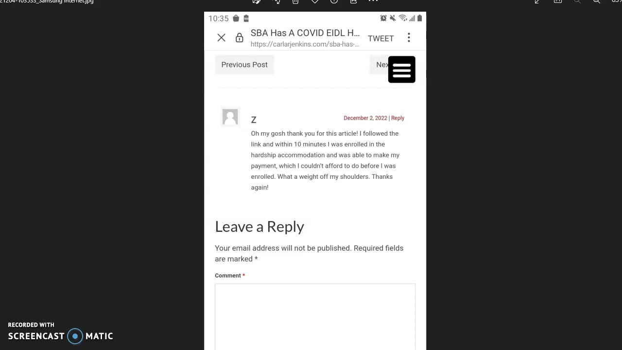 Received Positive SBA COVID EIDL Hardship Accommodation Plan Blog Post Testimonial