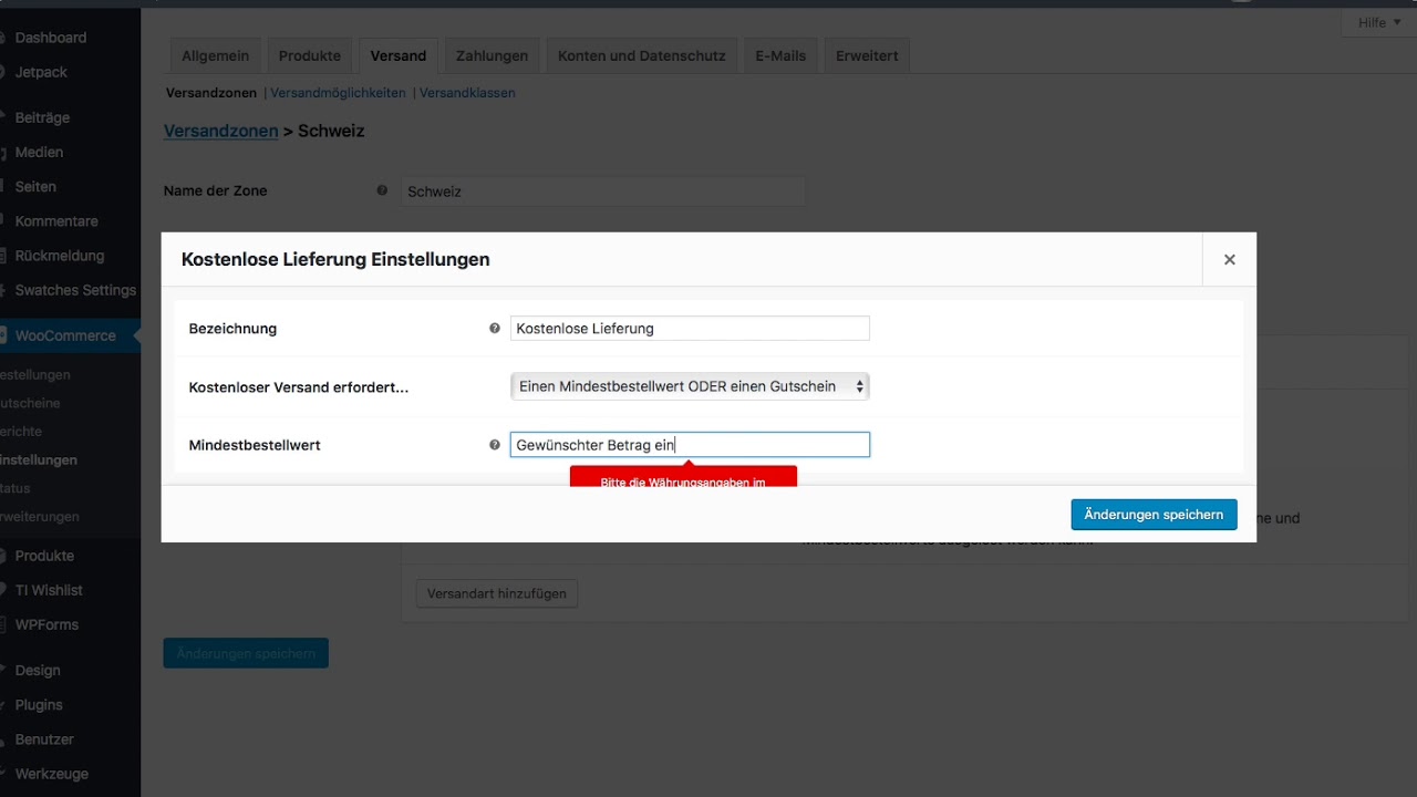WooCommerce kostenloser Versand aktivieren
