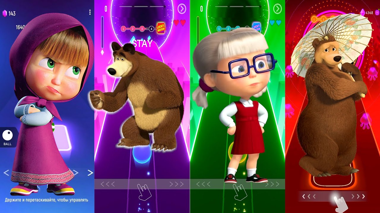 Tiles Hop Cartoon Battle 🐻🎶 | Masha vs Bear vs Smart Girl vs Samurai Bear | Tiles Hop EDM Rush!