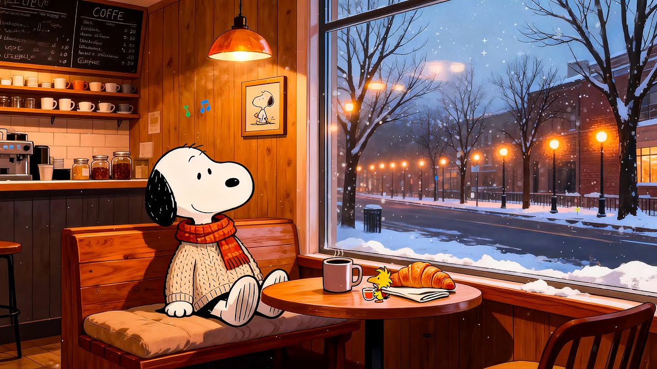 Snoopy’s Chill Winter Cafe Window 🥐☕ Calm Lofi Beats for Study & Work 🎶 Sweet Lofi for City Lights