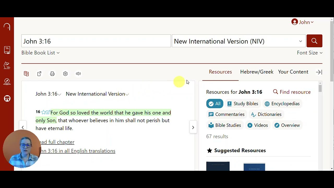 Jody from Bible Gateway demonstrates Bible Gateway Plus with John 3:16