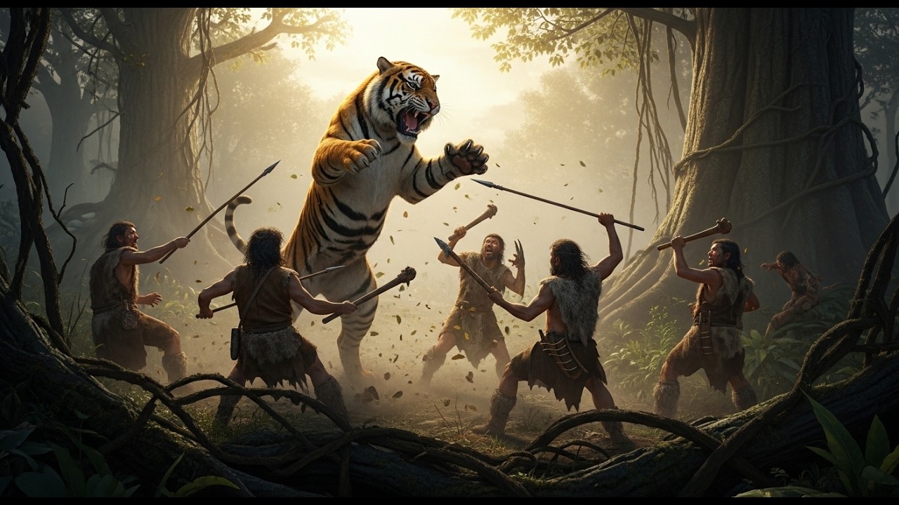 Primitive Humans Engaging in a Chaotic Struggle with a Massive Bengal Tiger