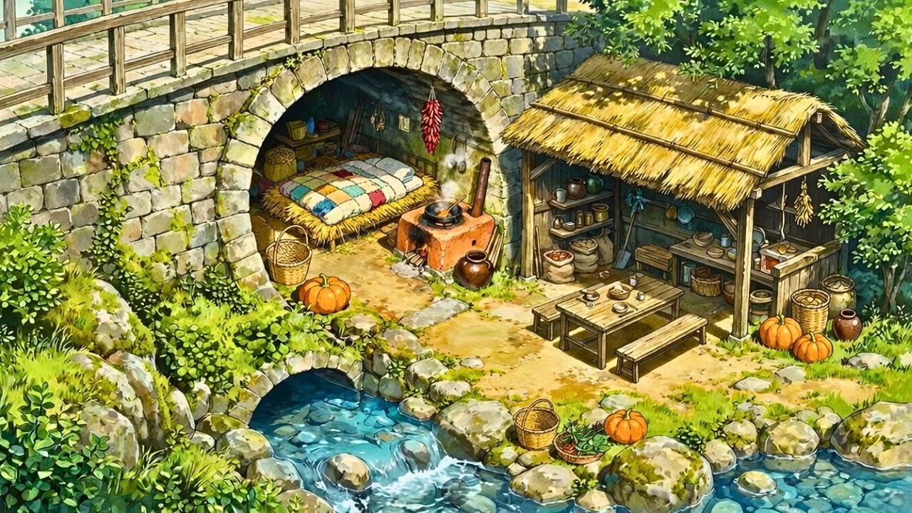 A Peaceful Day Under the Old Bridge Ghibli-Style Cozy Family Life ASMR