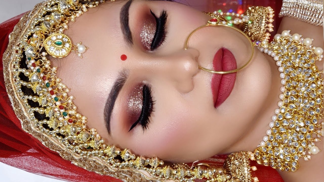 SELF INDIAN BRIDAL MAKEUP AT HOME| Glittery Smokey Eyes Nude Lips Tutorial in Hindi