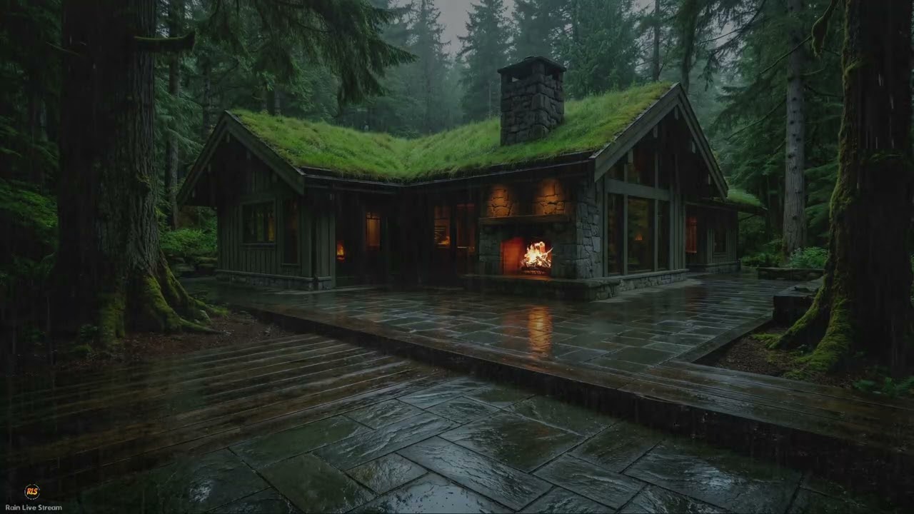 Healing Night Rain with Fireplace & Soft Thunder for Inner Peace in a Serene Forest Grass Roof Home