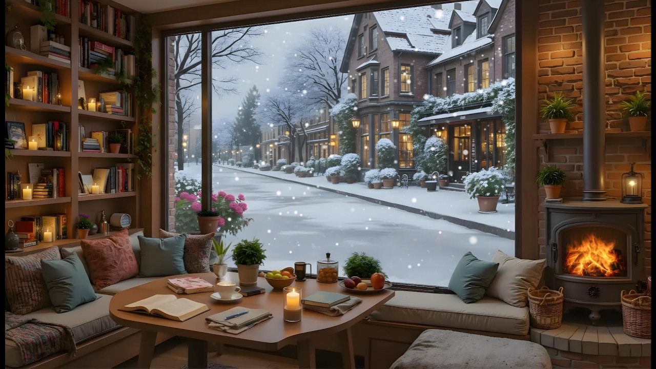 Winter Ambience Cozy Coffee Shop ❄️ Smooth Jazz & Warm Fireplace For Study and Focus