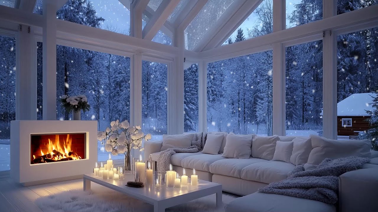❄️🎧 Snowfall Lounge Ambience | Soft Piano & Cozy Fireplace | Focus Study Sleep Relax Calm